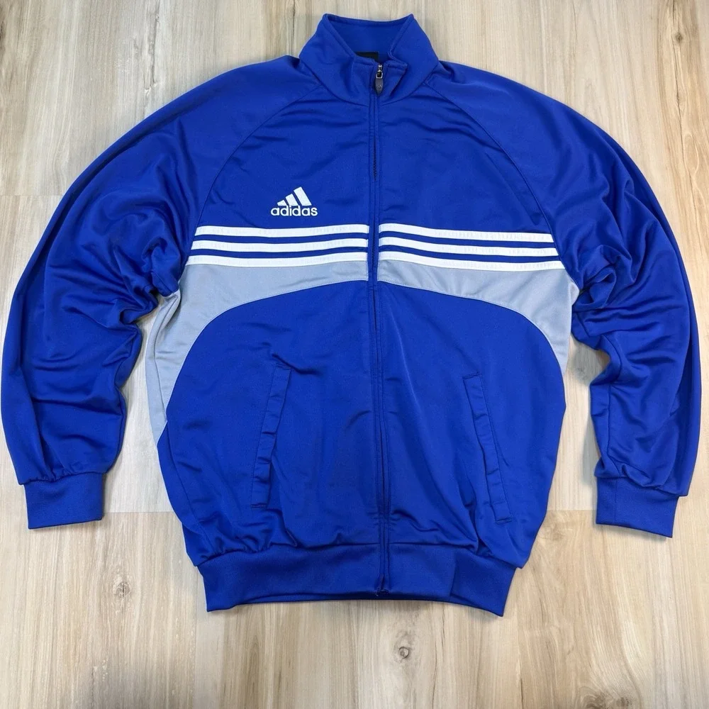 Vintage Adidas Track Jacket Men's Small Blue & Gray 3 Stripes Full Zip Pockets